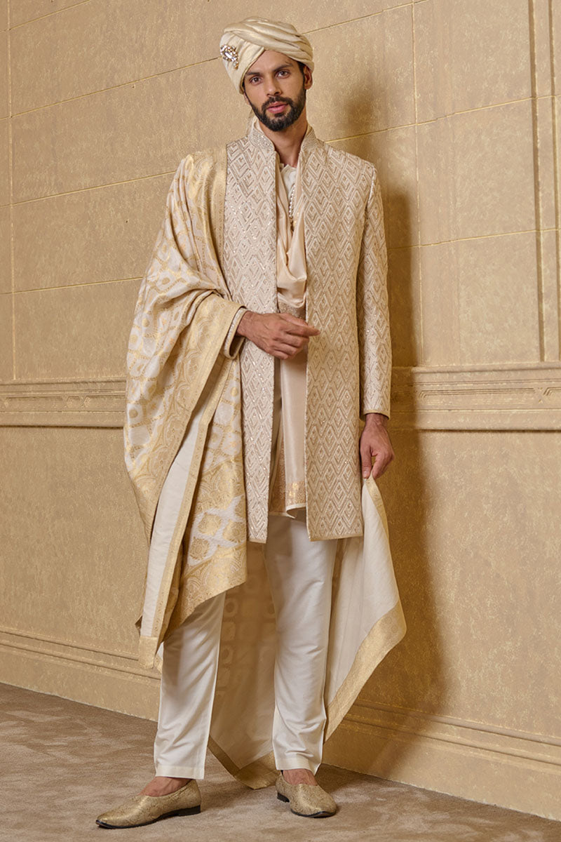 Ivory Sherwani With All-over Pitta Embroidery