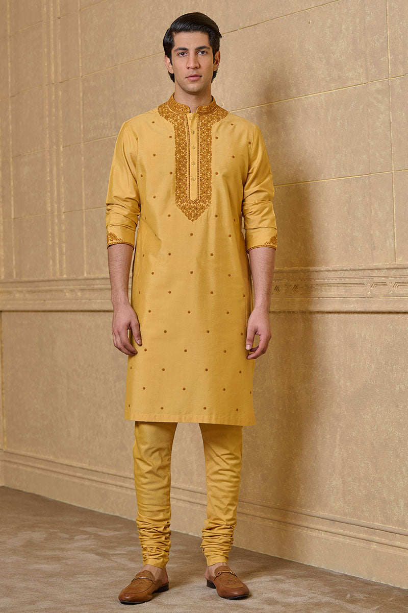 Yellow Ochre Kurta Set With Thread Embroidery Details