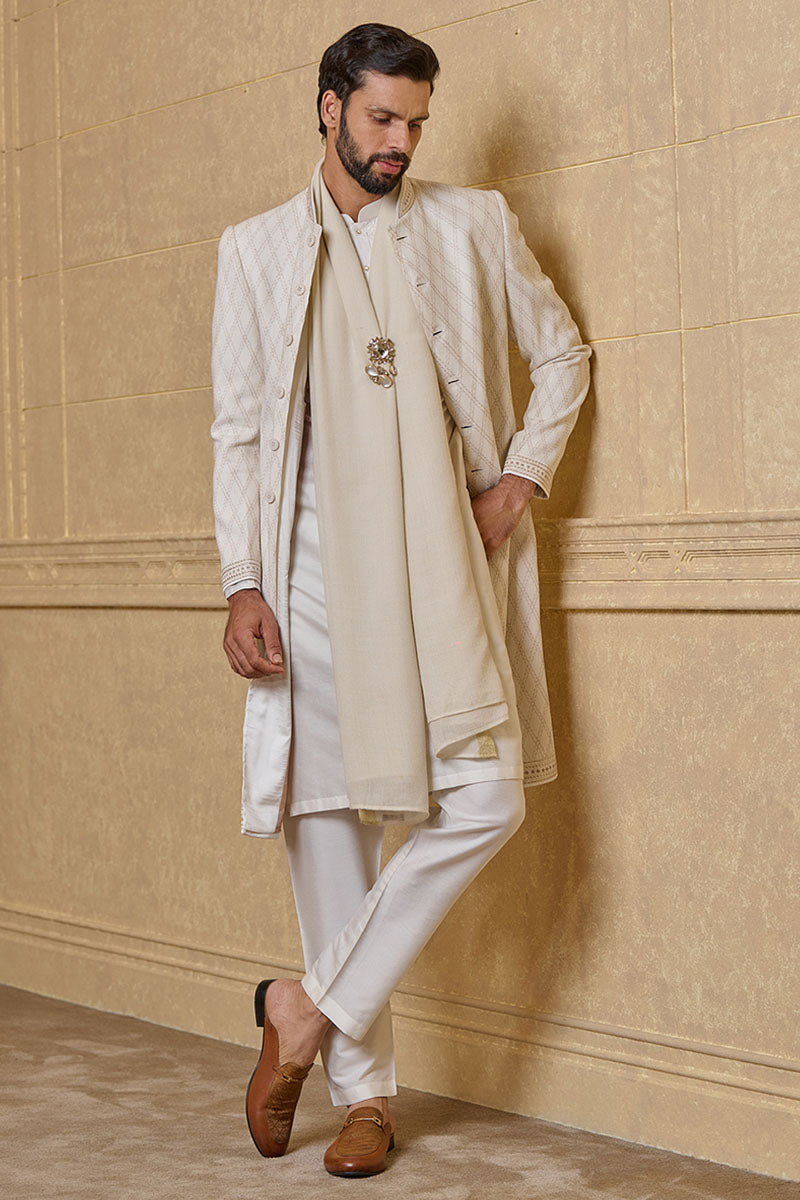 White Textured Sherwani With Aari Embroidery