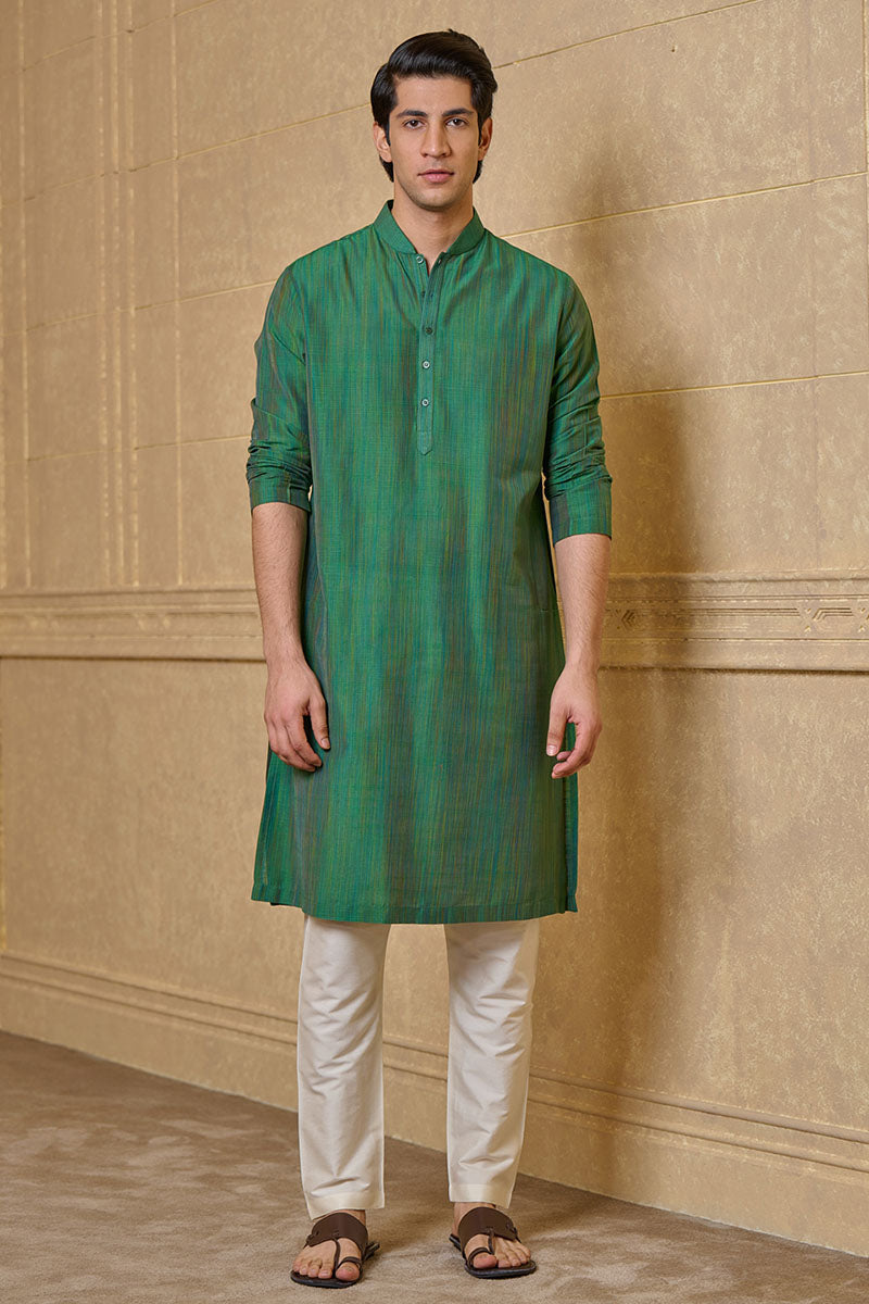 Green Zero Point Kurta Set With Top Stitch