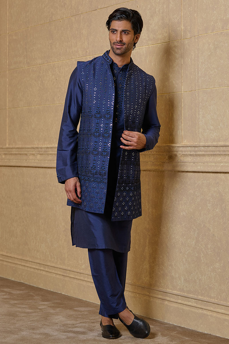 Navy Mirror Work Embroidered Kurta Bundi Set