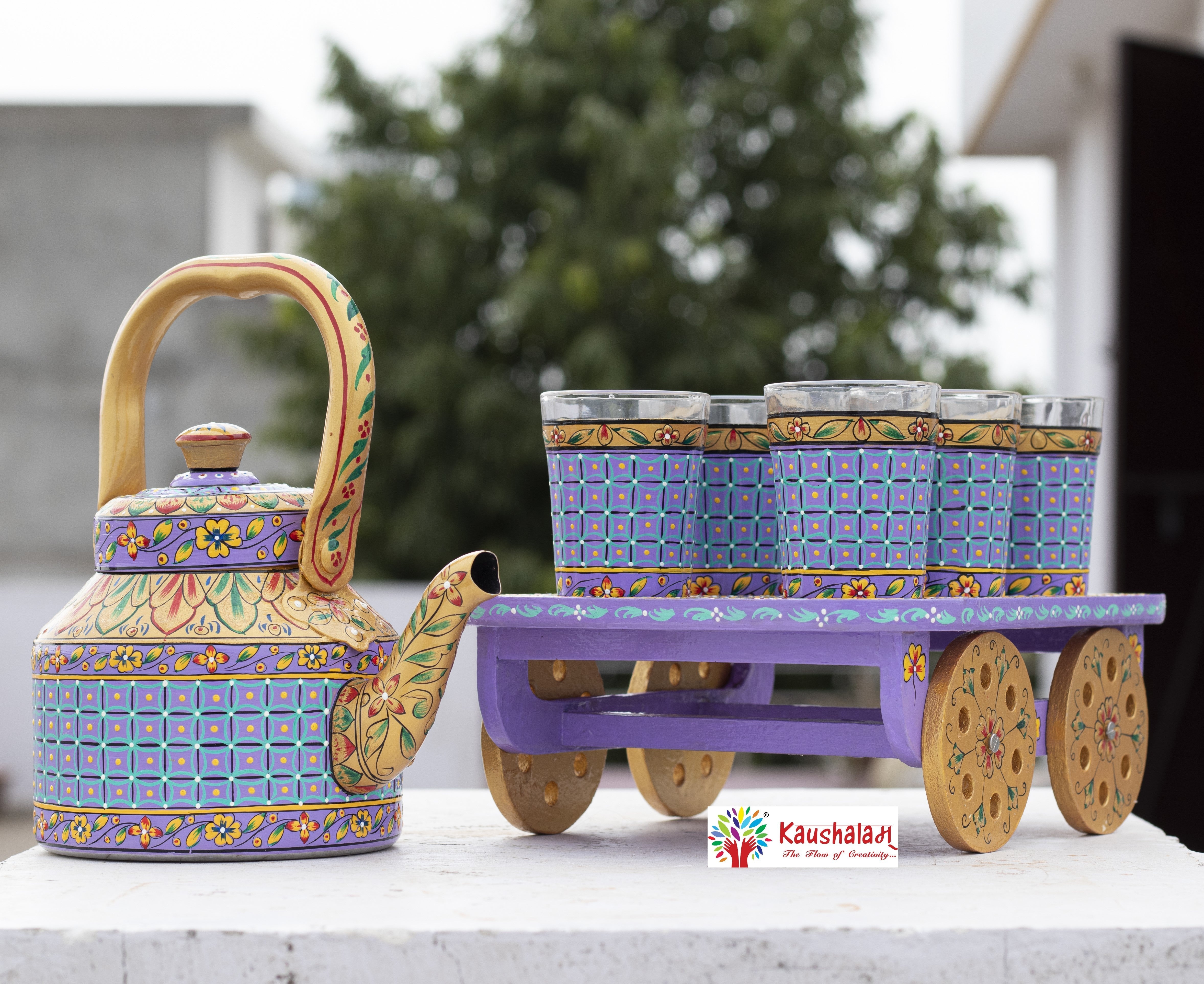 Tea Set Veri Peri - Hand Painted Tea Kettle, 6 glass & A Cart Set