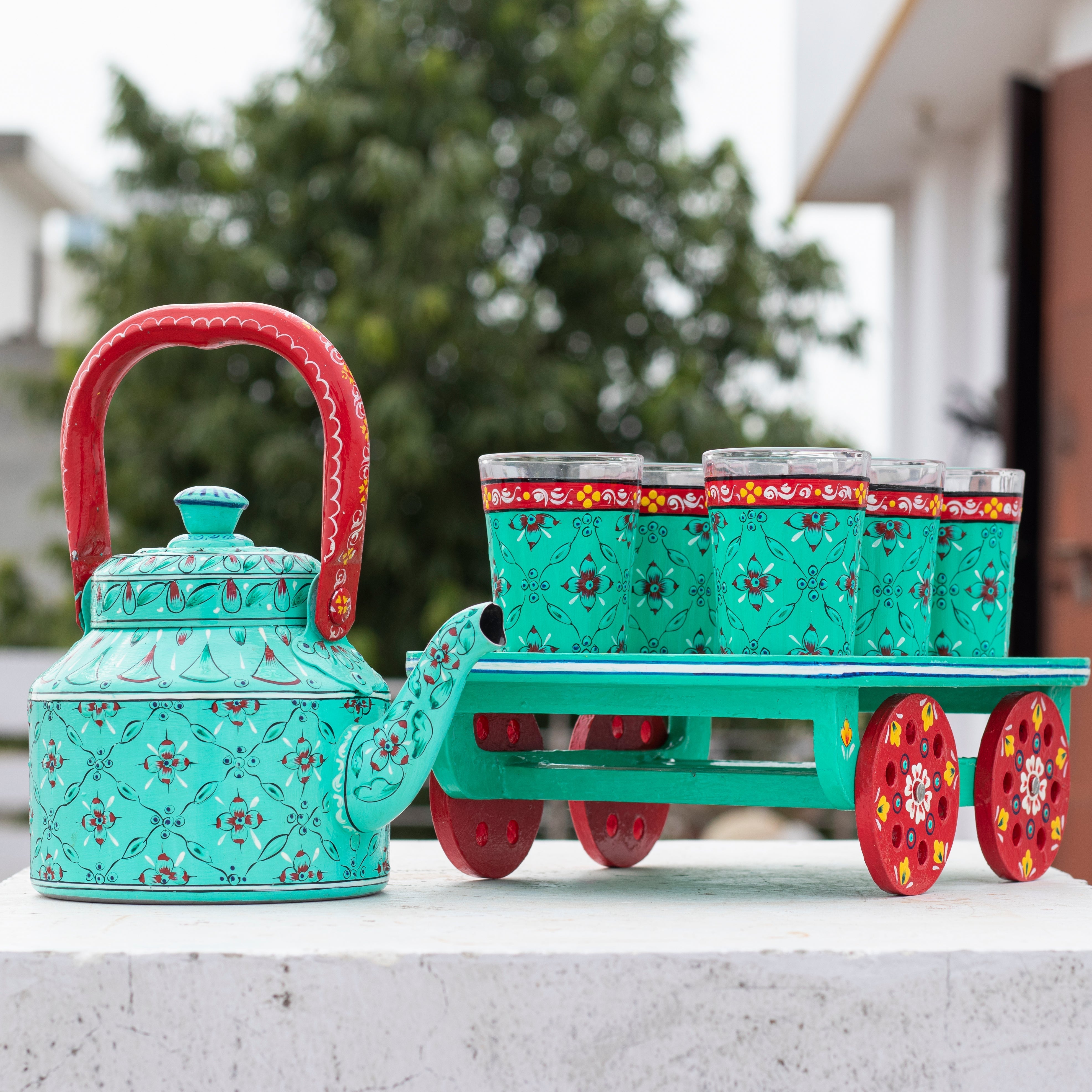 Hand painted Tea set with tea trolley : Sea Green