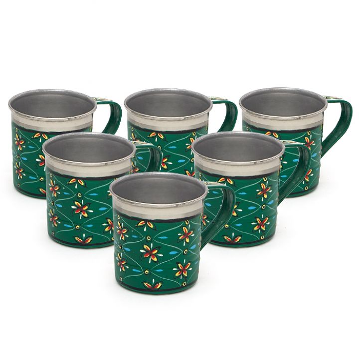 Hand Painted Tea Cups Set of  6: Bottlegreen