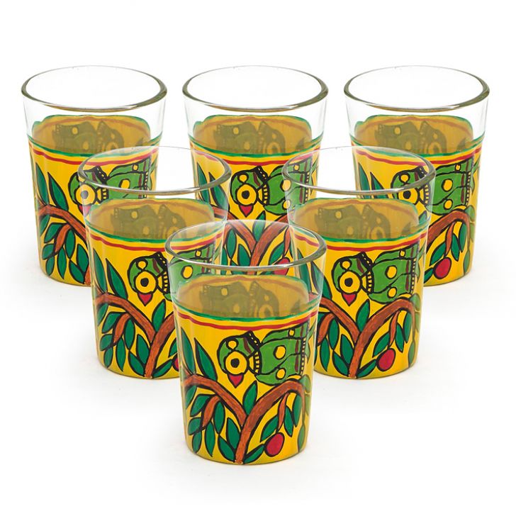 hand painted TEa Glass Set OF 6: Parrots on the tree