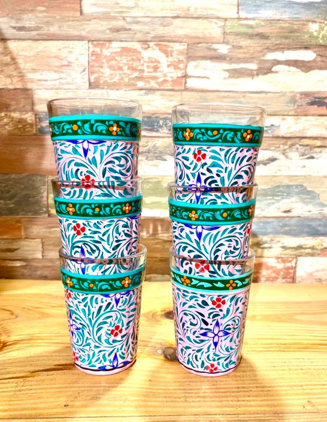 Hand Painted Tea Glass set  -  "Pink City"