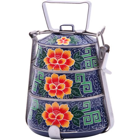 Hand Painted 3 Tier Steel Pyramid Lunch Box-  Blue Ladakhi Art