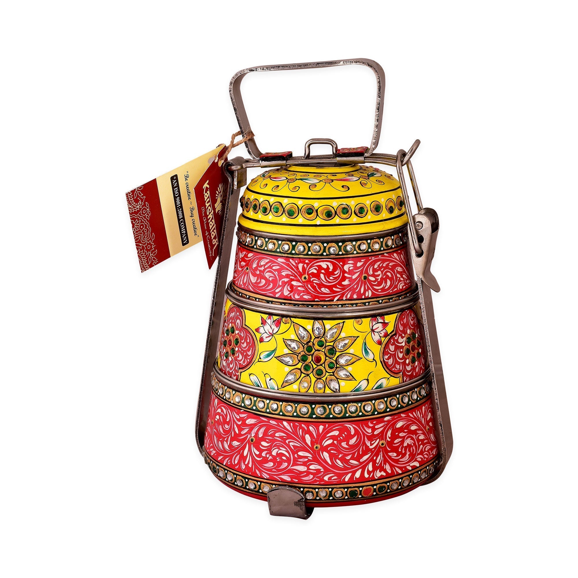 Hand Painted 3 Tier Steel Pyramid Lunch Box- Yellow & Red Mughal Art