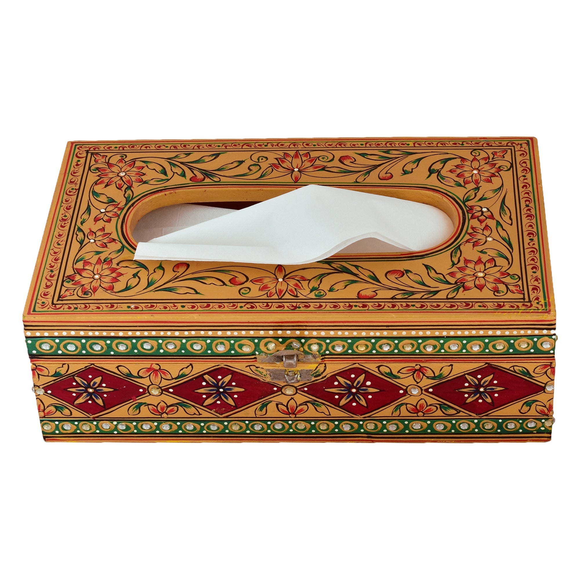 Hand Painted Wooden Tissue Box - Gold & Red Mughal Art