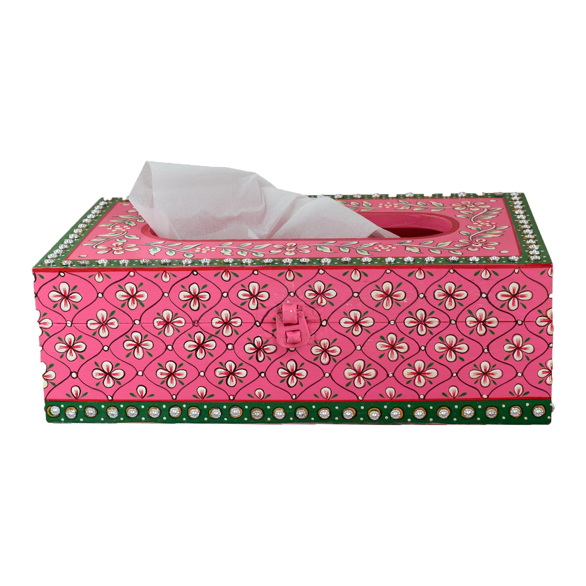 Hand Painted Wooden Tissue Box - Pink Mughal Art