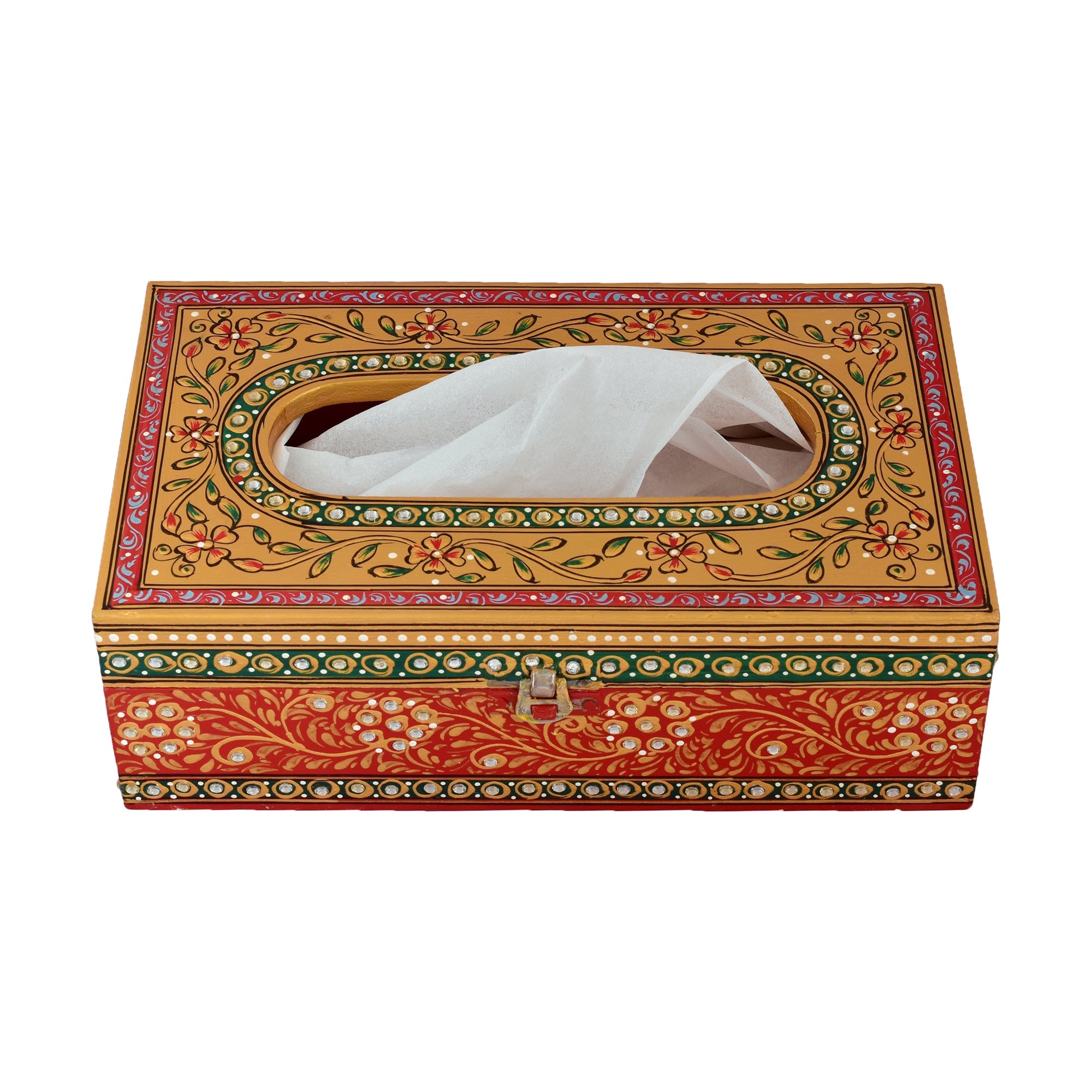 Hand Painted Wooden Tissue Box - Gold & Red Mughal Art