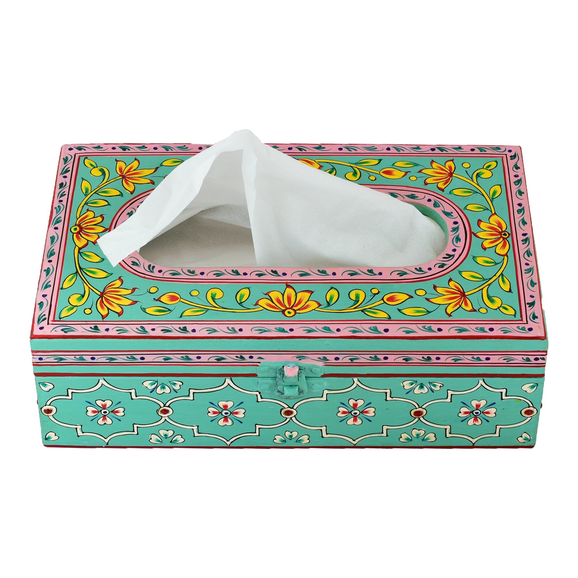 Hand Painted Wooden Tissue Box - Aqua Green Mughal Art