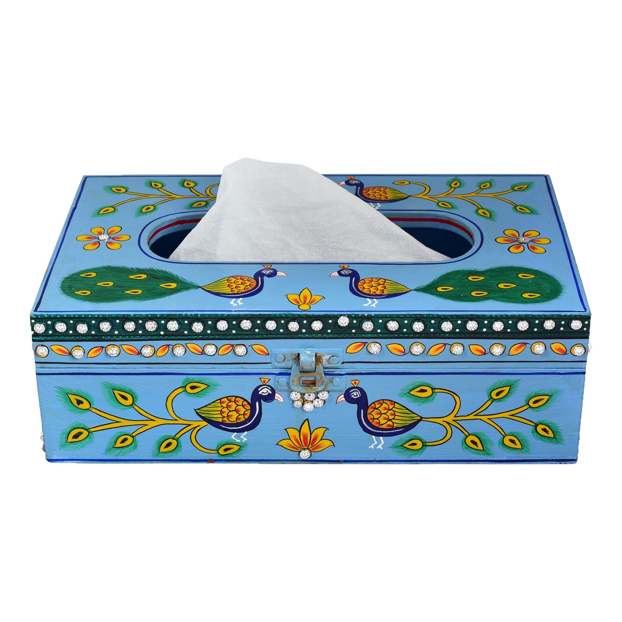 Hand Painted Wooden Tissue Box - Peacock Mughal Art