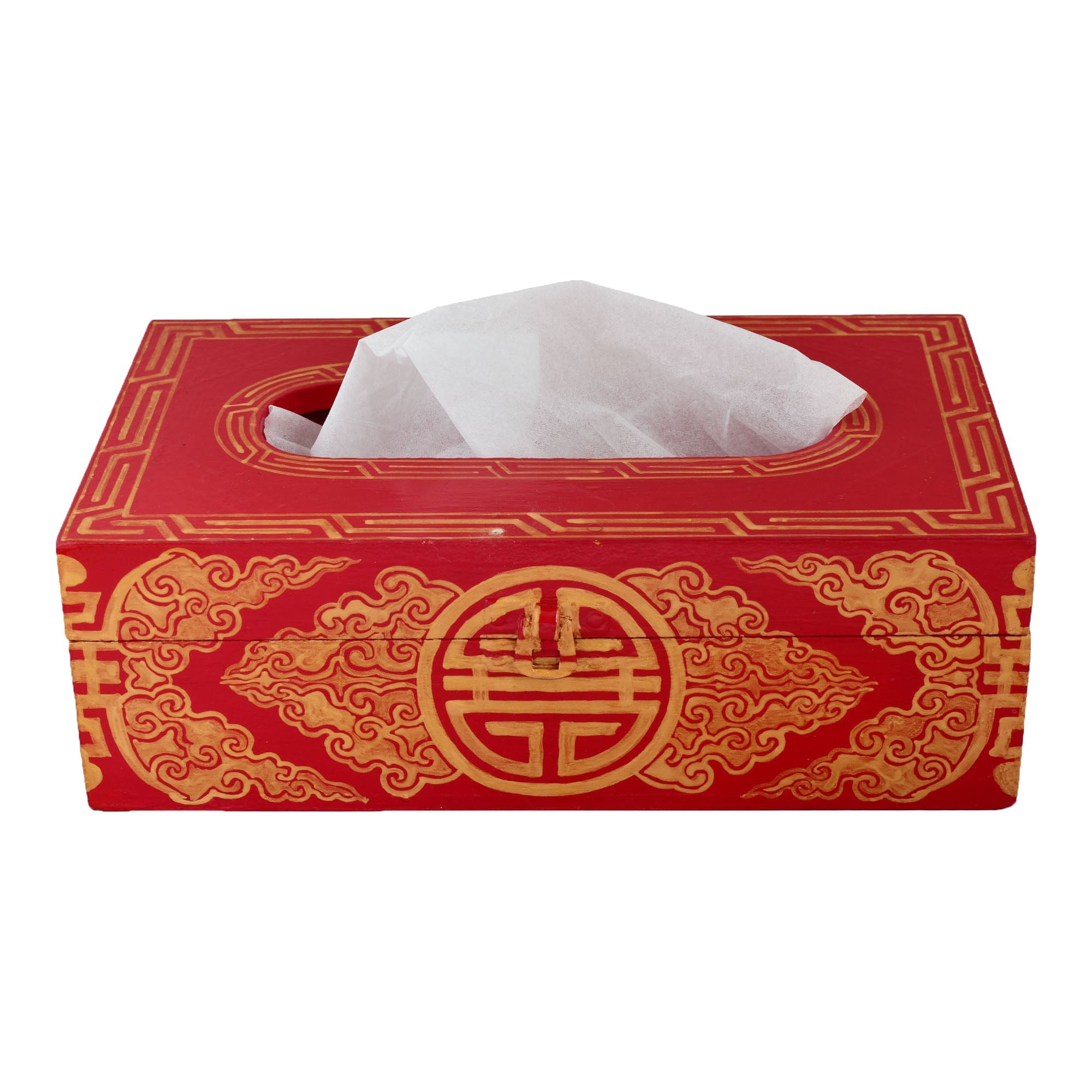 Hand Painted Wooden Tissue Box - Red Buddhist Art