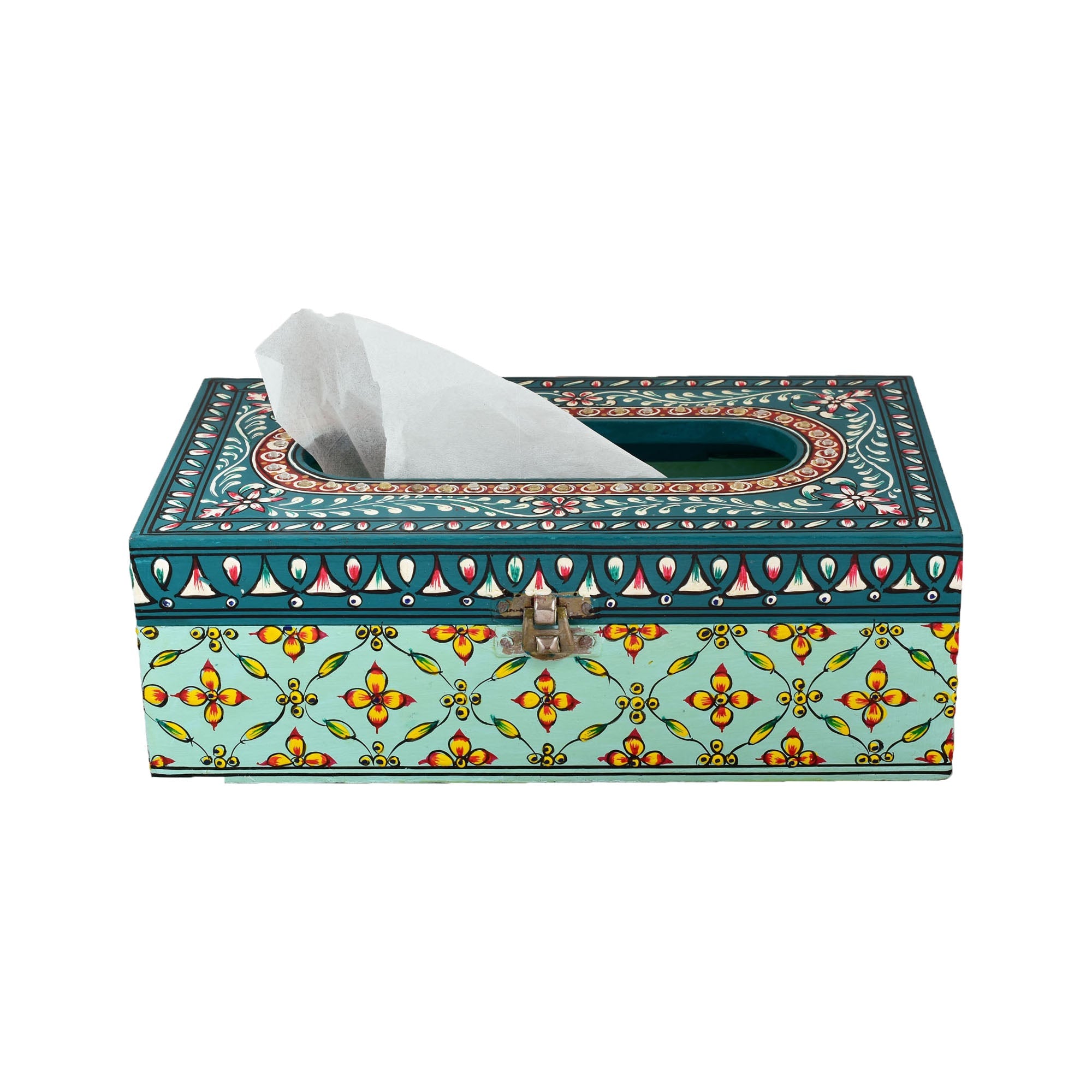 Hand Painted Wooden Tissue Box - Green Embossed Mughal Art