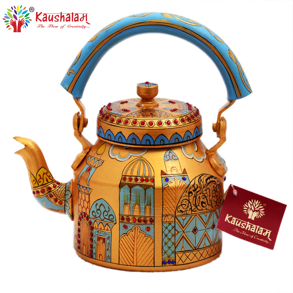 Hand Painted Tea Kettle :  Golden Blue