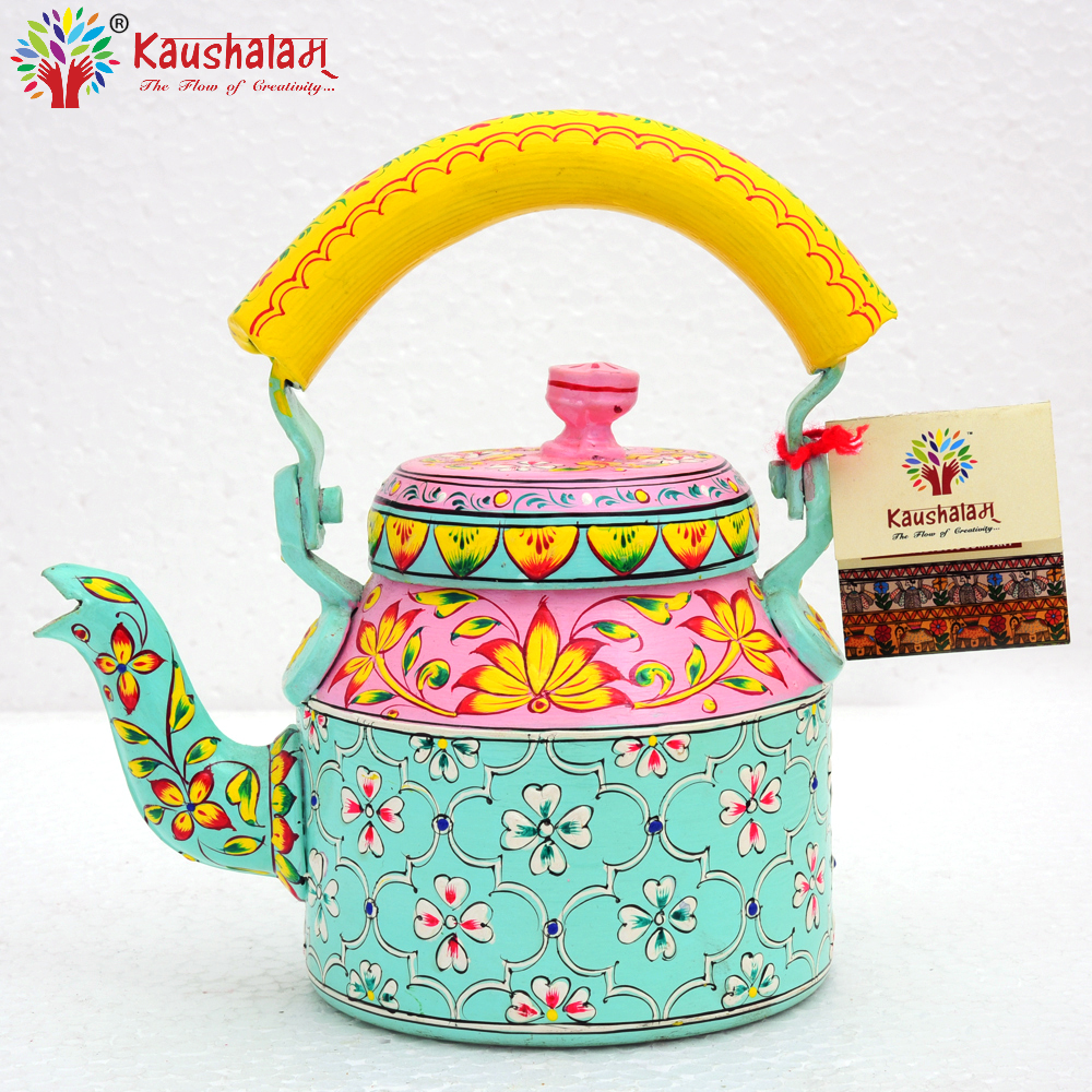 Hand Painted Tea Kettle : "HABIBI" Pink & Aqua Green Teapot