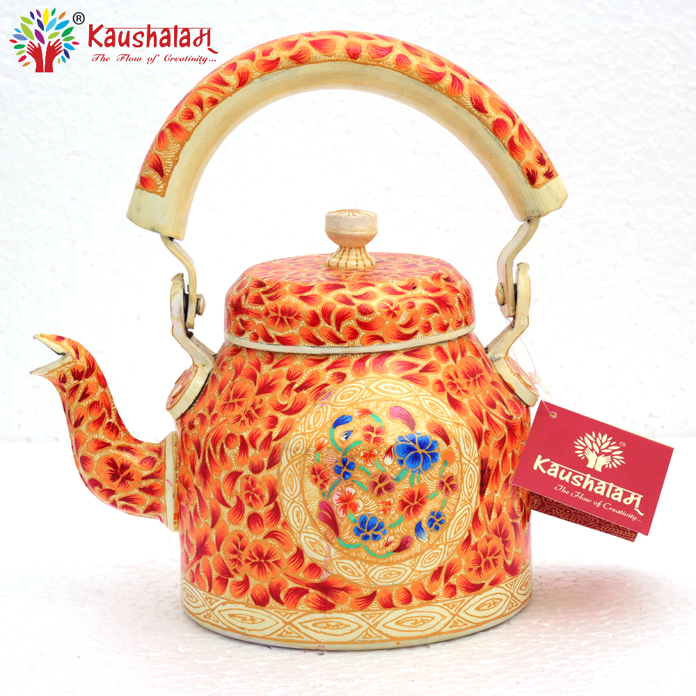 Hand Painted Tea Kettle : Orange Leaves