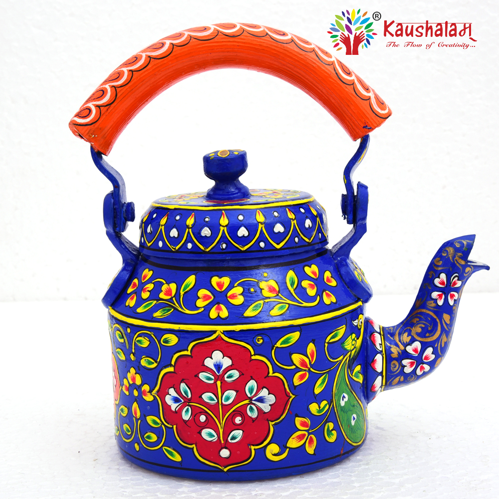 Hand Painted Tea Kettle :  Blue Peacock