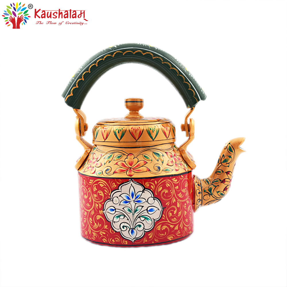 Hand Painted Tea Kettle :  Floral Red Gold