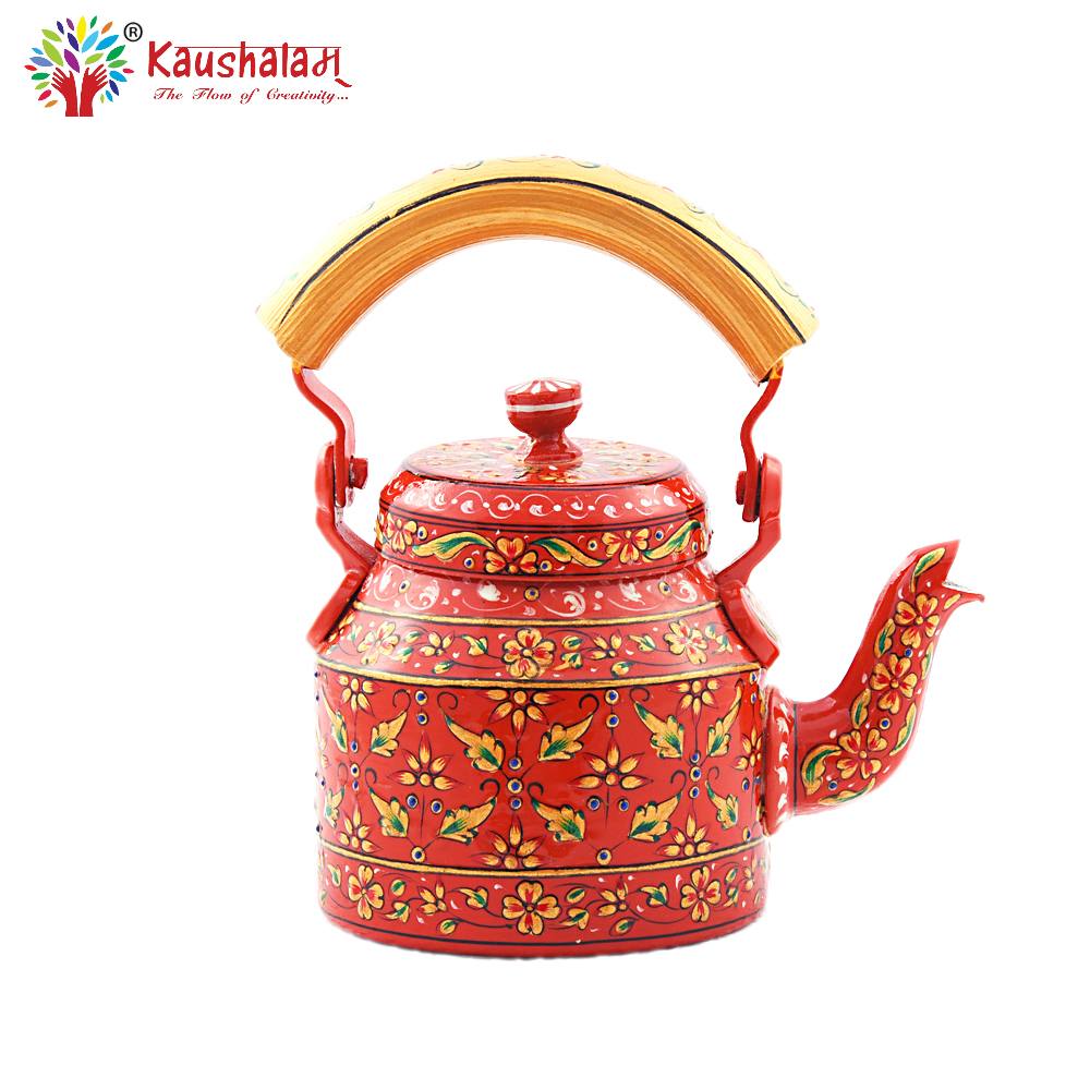 Hand Painted Tea Kettle :  Floral Red Color