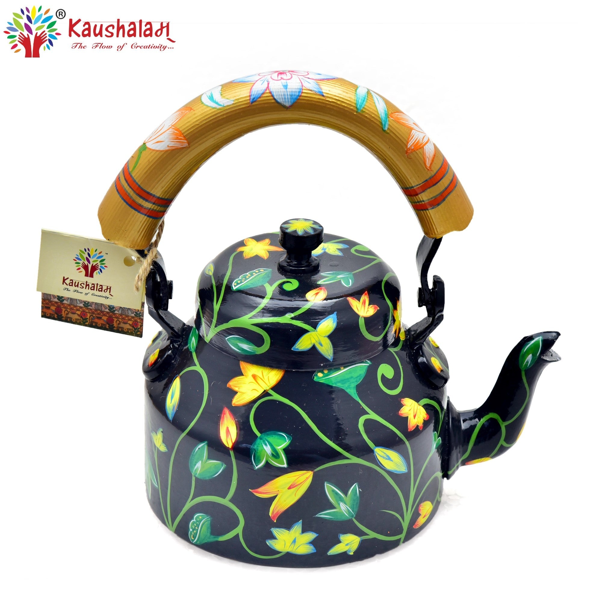 Hand Painted Tea Kettle :  Black Yellow Floral Painted