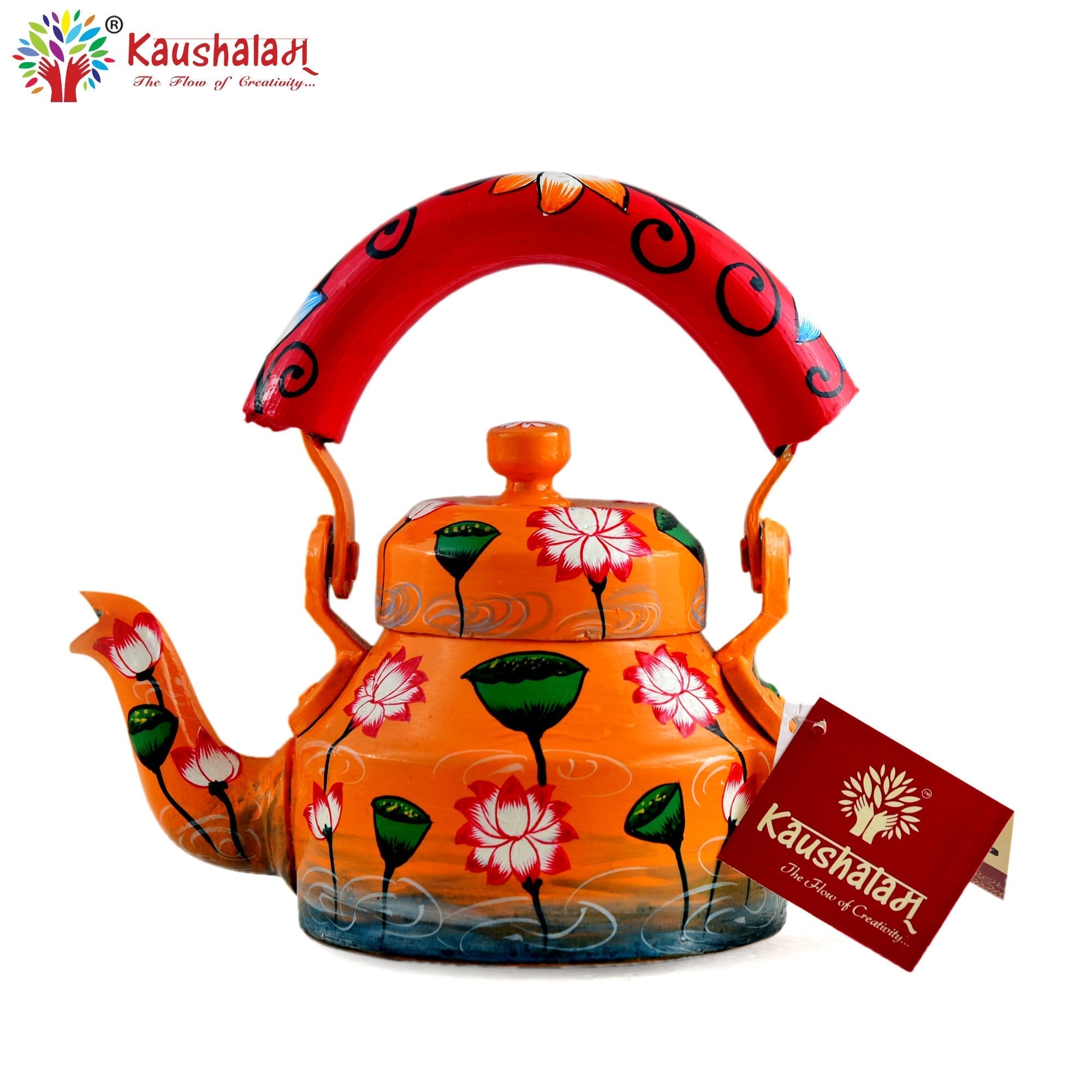 Hand Painted Tea Kettle :  Orange Lotus Painted