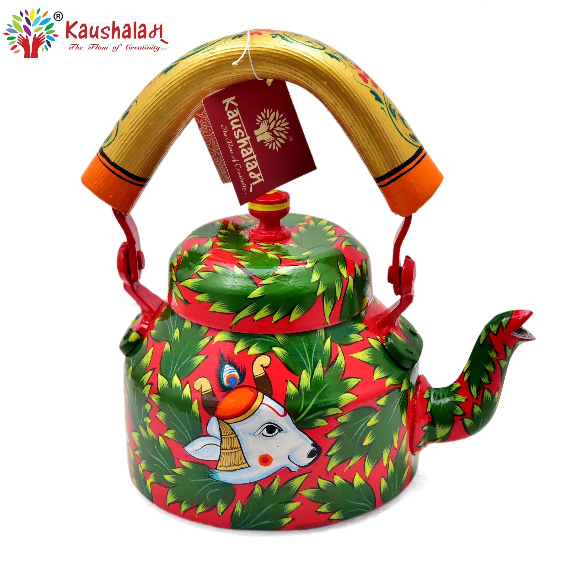 Hand Painted Tea Kettle :  Green Leaves Painted