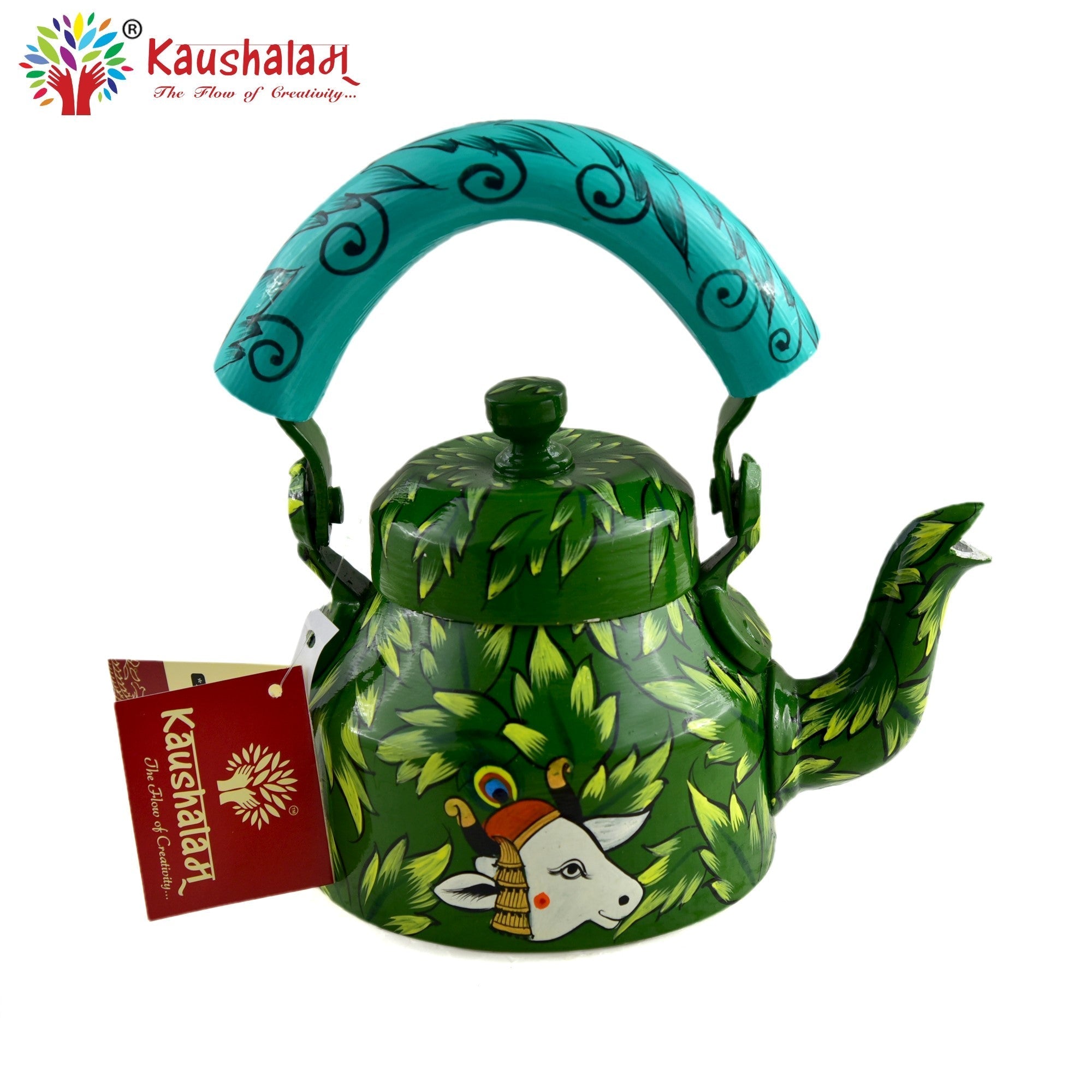 Hand Painted Tea Kettle : Bottle Green Leaves Painted