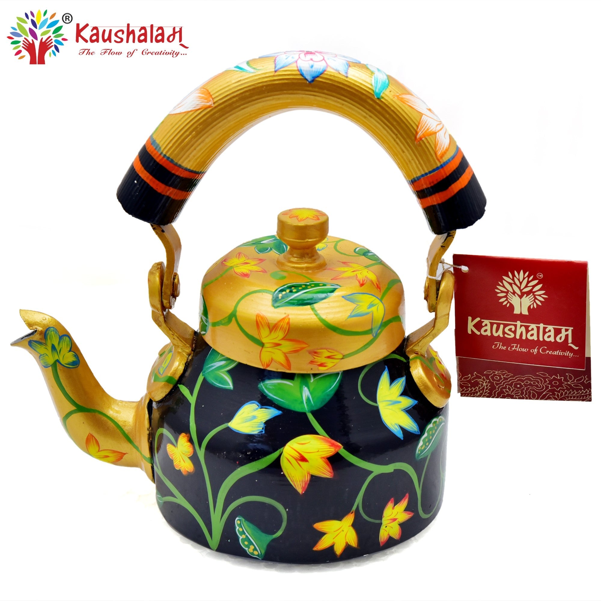 Hand Painted Tea Kettle : Navy Floral Painted