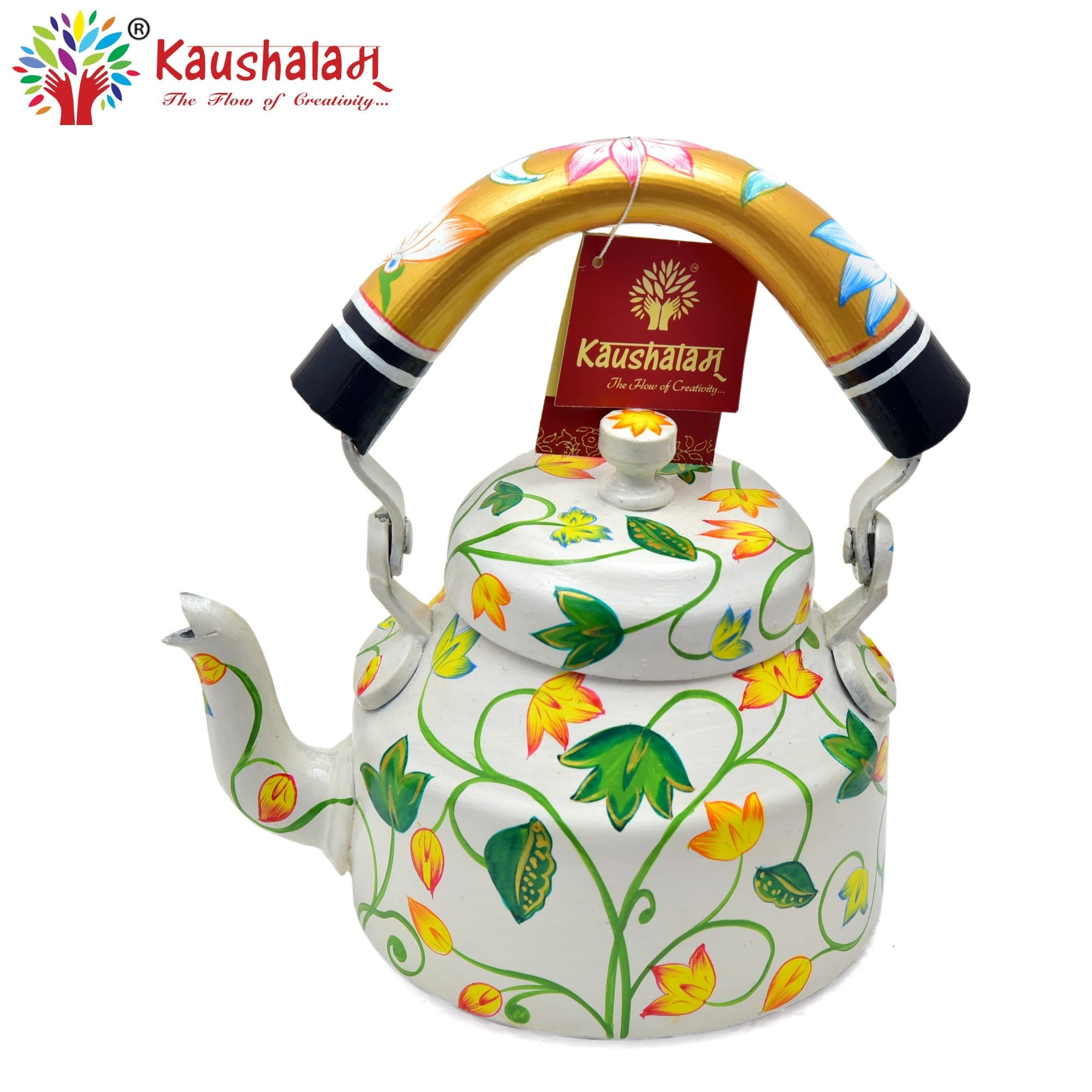 Hand Painted Tea Kettle : Green Floral Painted