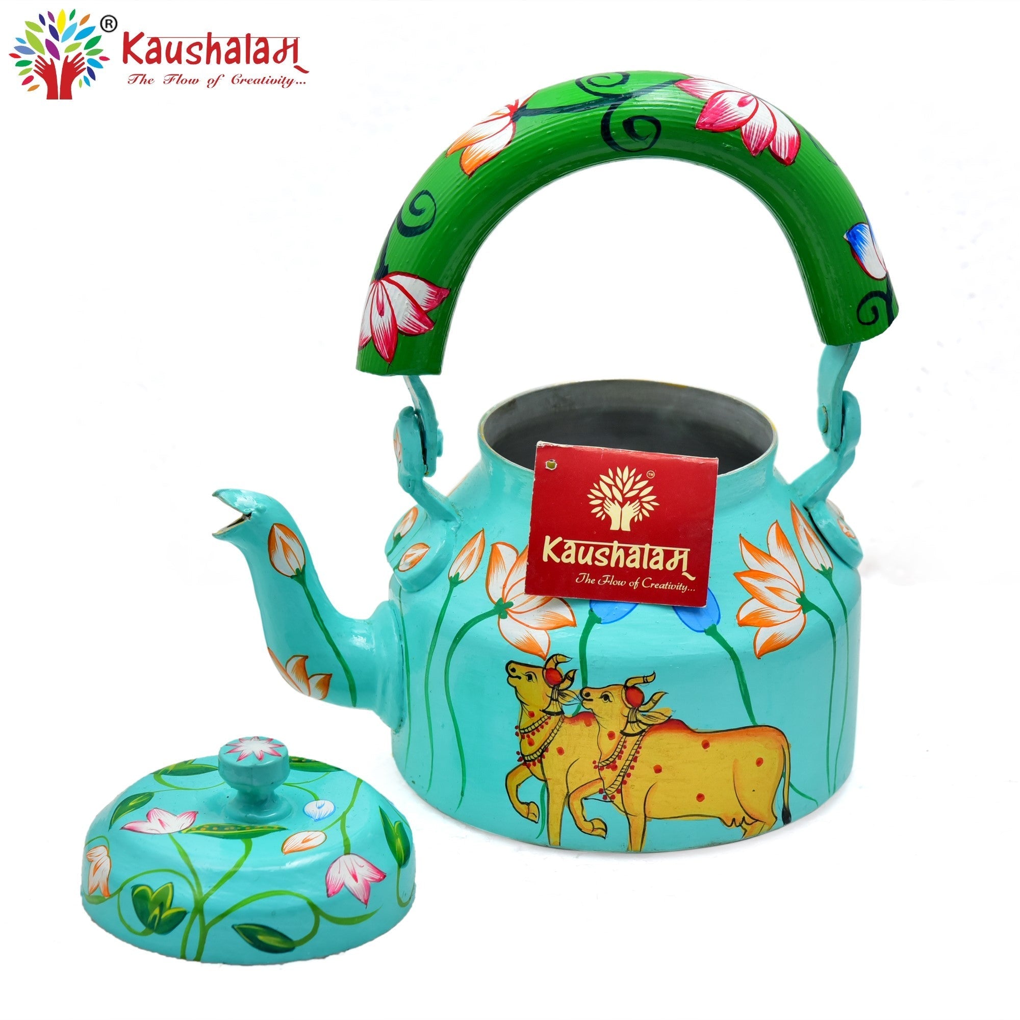 Hand Painted Tea Kettle :  Sea Green Cow Painted