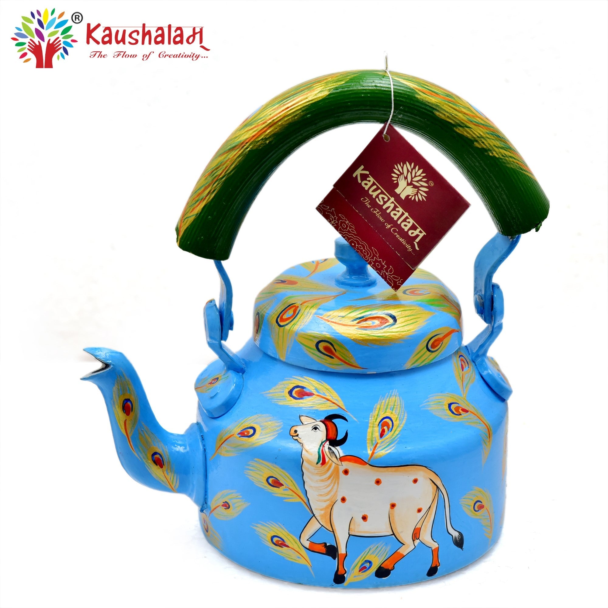 Hand Painted Tea Kettle :  Sky Blue Cow Painted