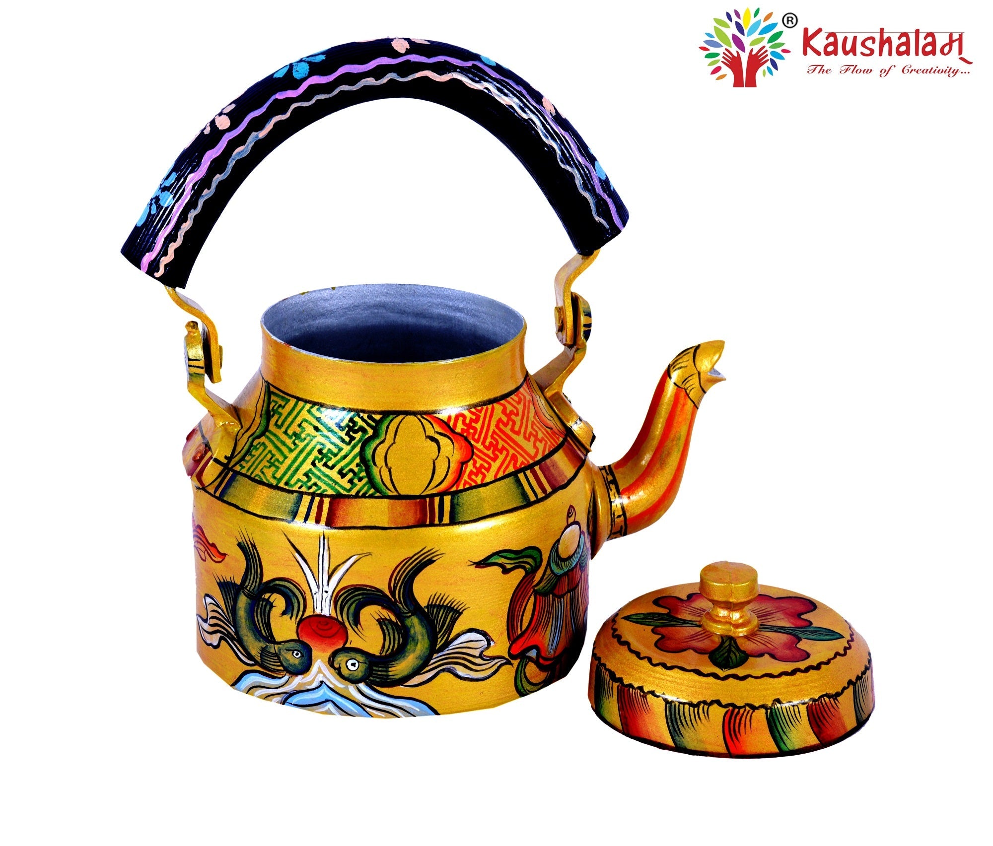 Hand Painted Tea Kettle : Mustard Floral Ladhakhi Painted