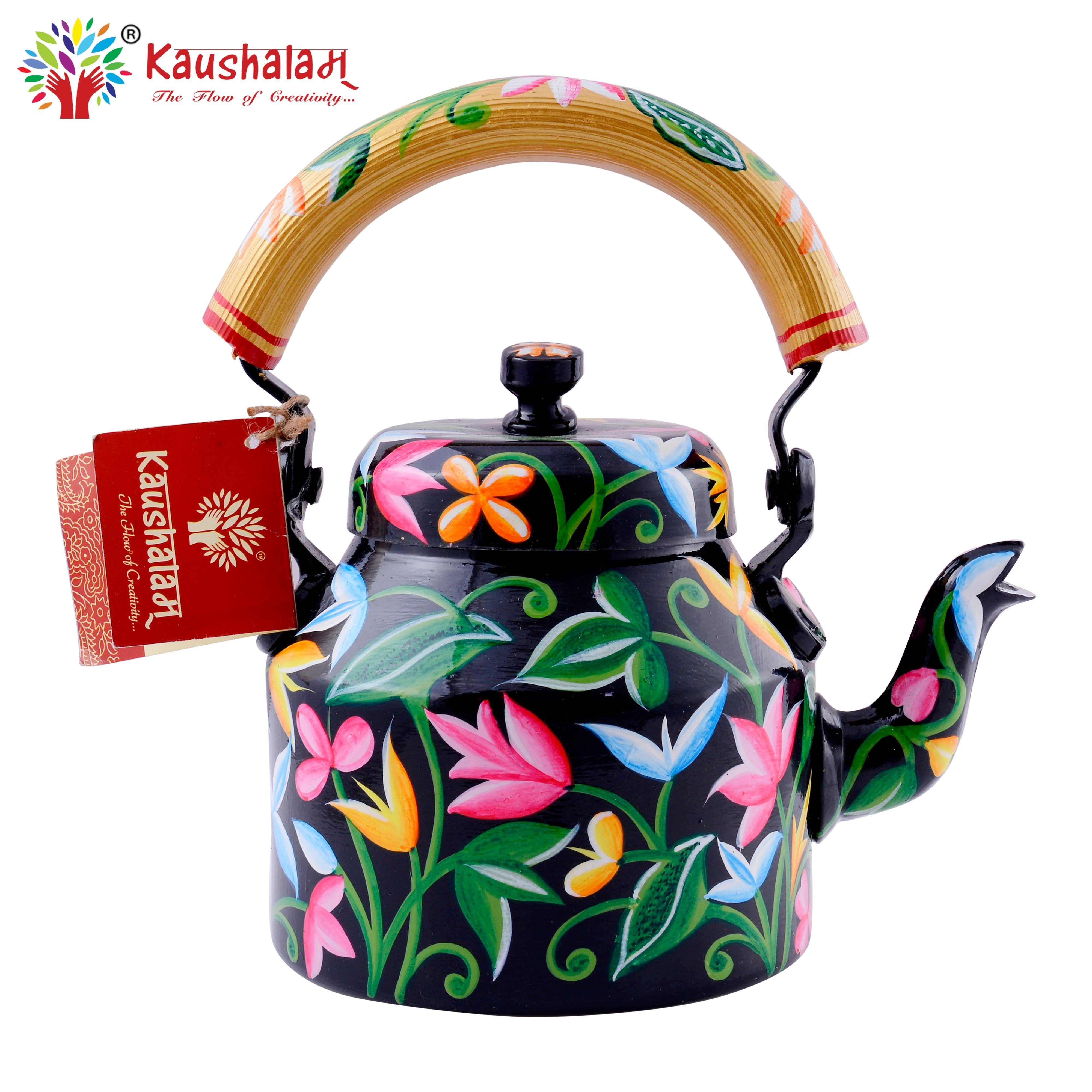 Hand Painted Tea Kettle : Floral Black