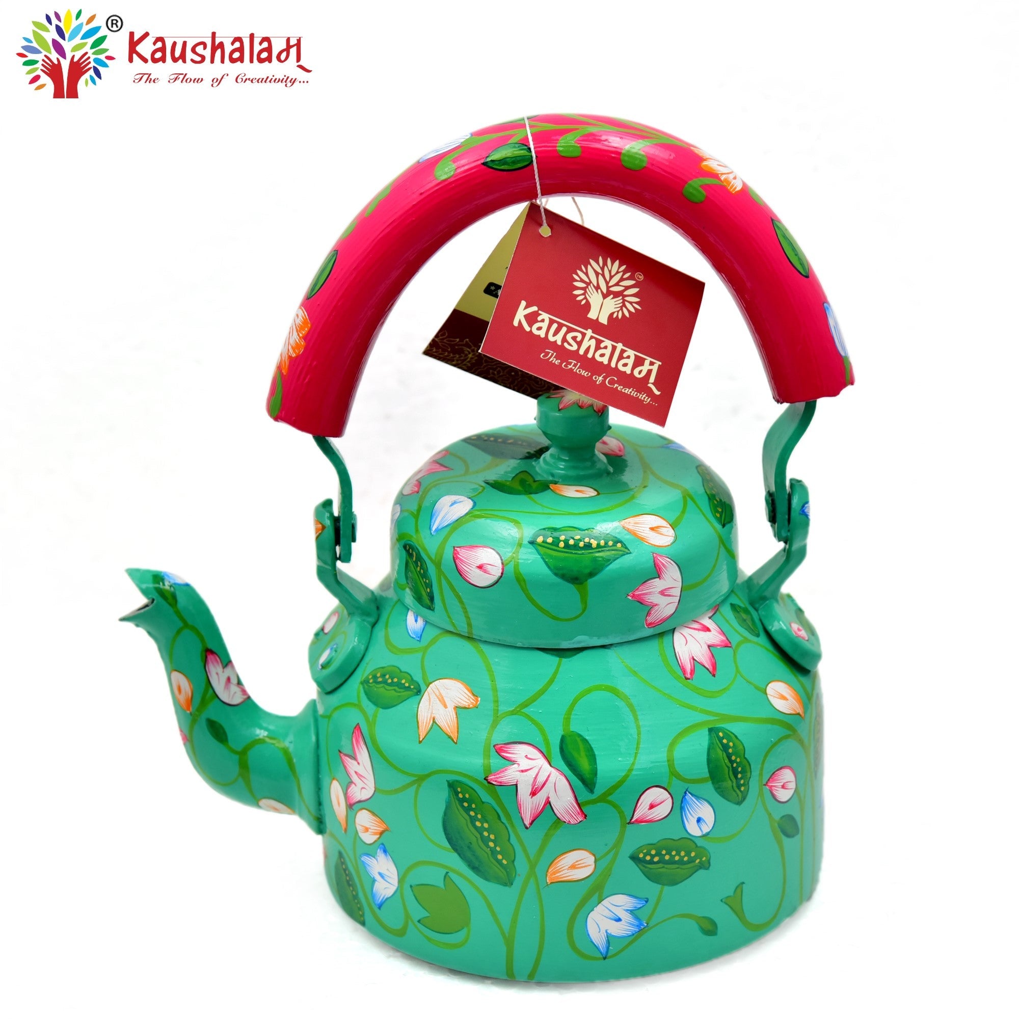 Hand Painted Tea Kettle : Green Pink Floral Painted