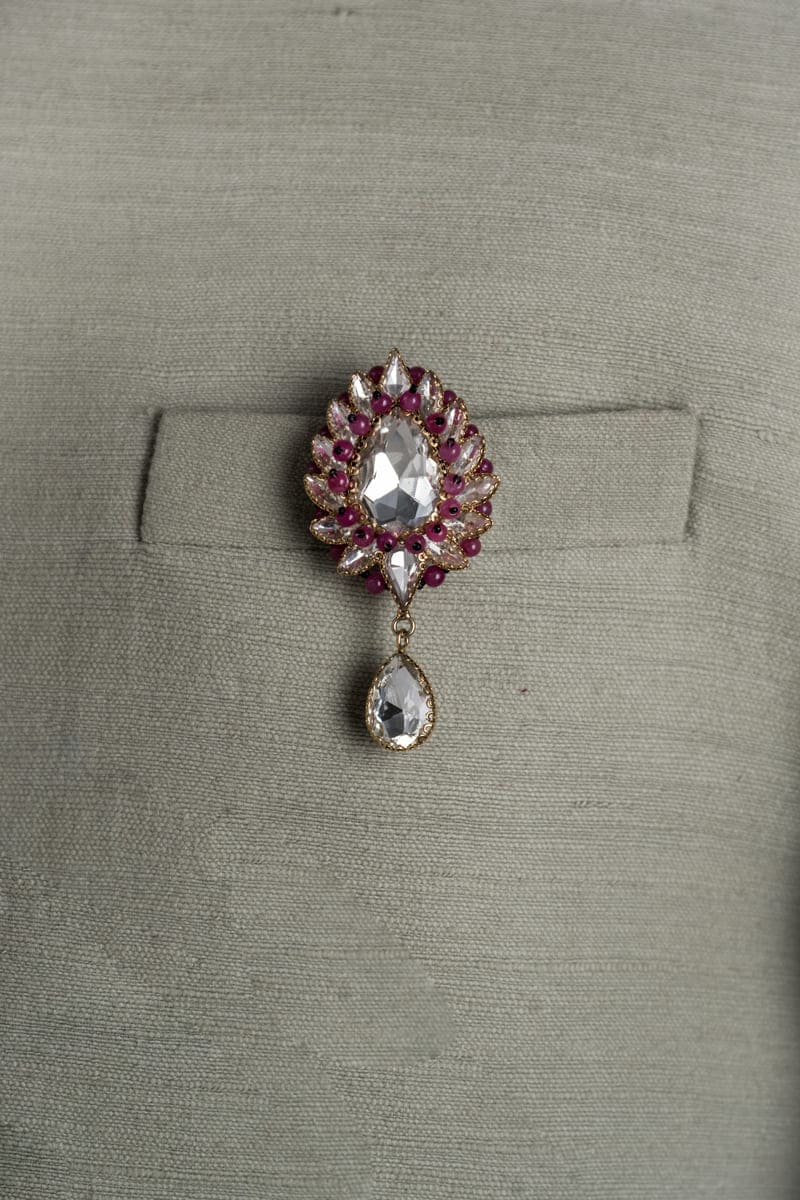 Maroon Stone And Crystal Brooch With Drop Detailing