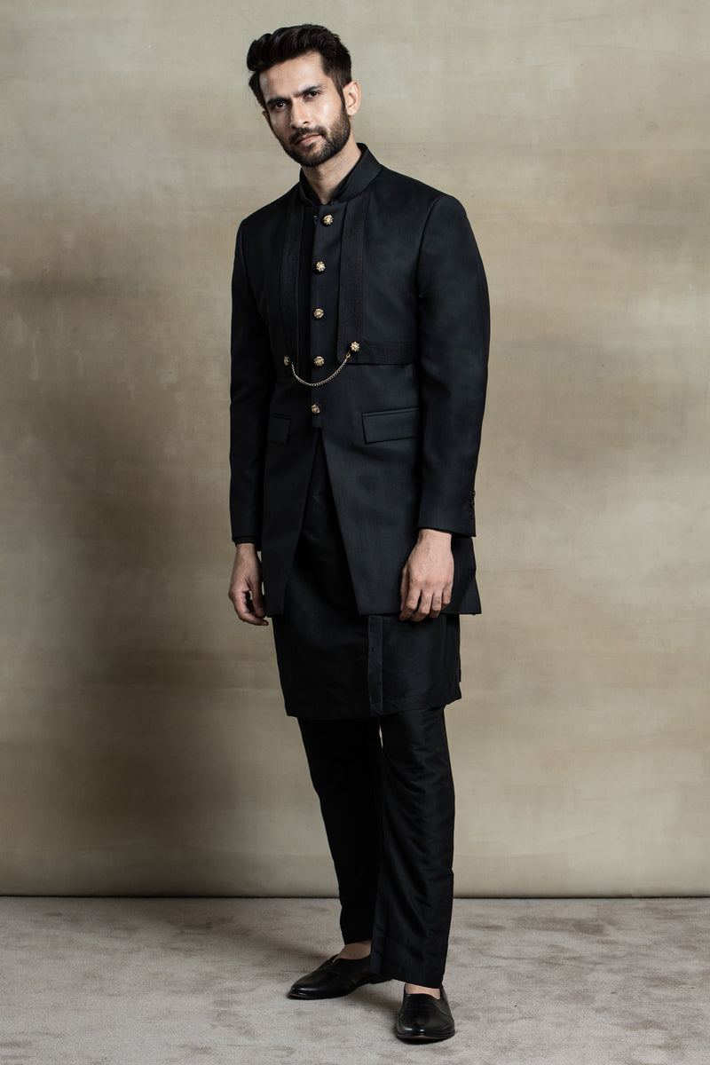 Black Layered Jacket Paired with Kurta and Aligarhi