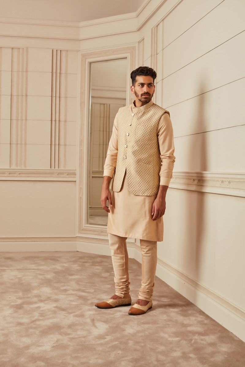 Beige Brocade Kurta Bundi Set