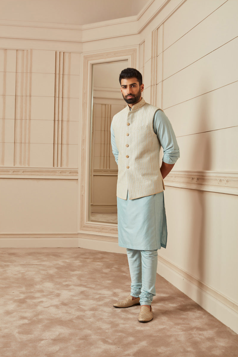 Sky Blue Raw Silk Kurta Bundi Set