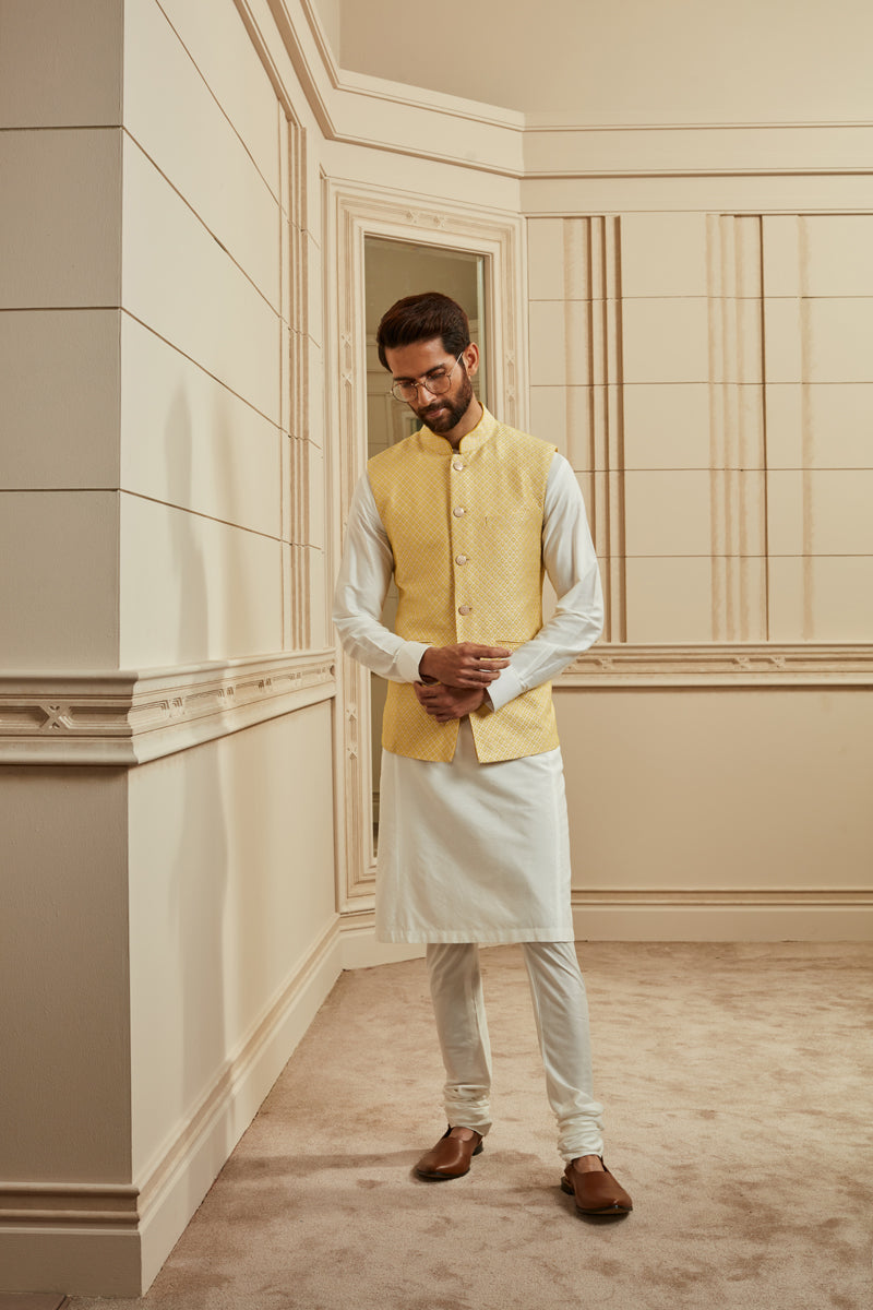 Yellow Jacquard Kurta Bundi Set