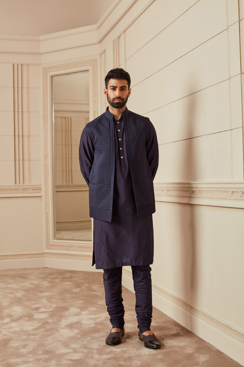 Navy Quilted Kurta Bundi Set