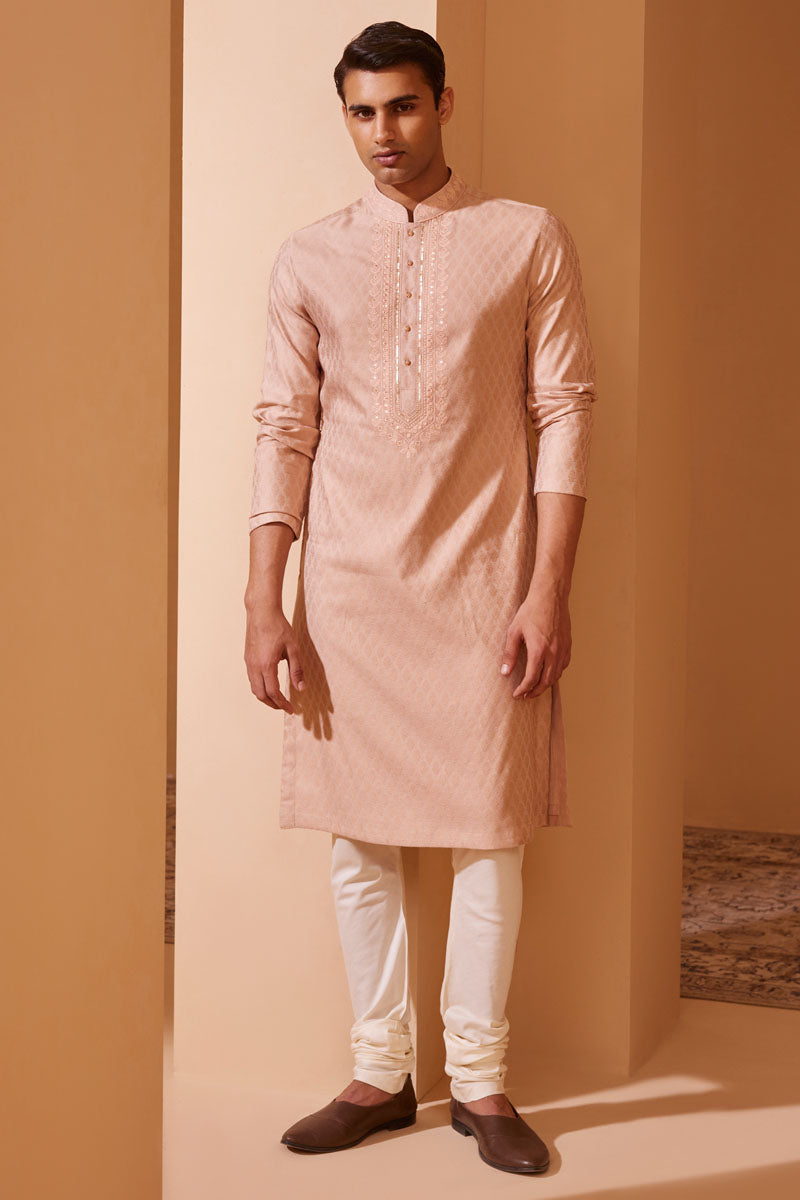 Pink Jacquard Kurta Set With Embroidery