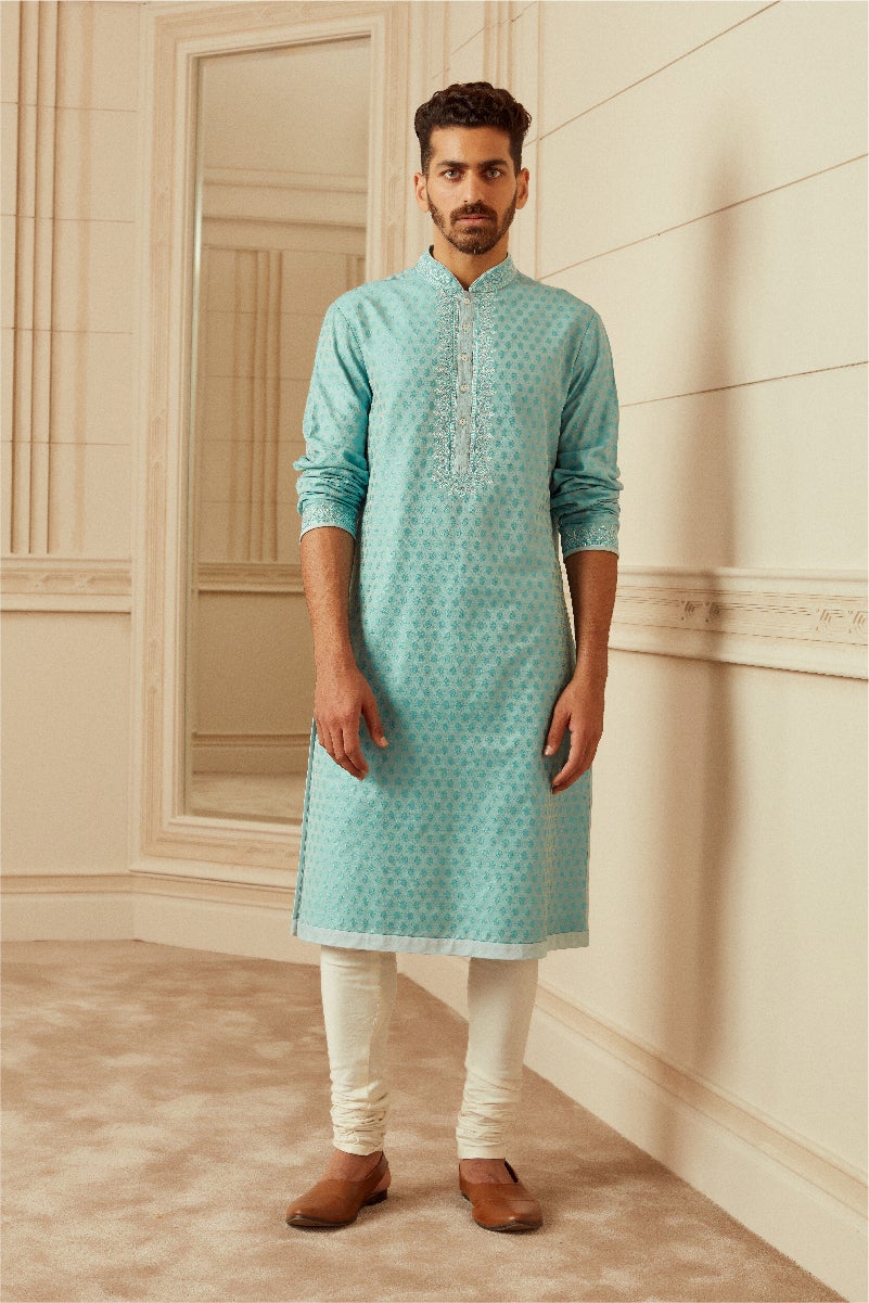 Sky Blue Textured Jacquard Kurta Set