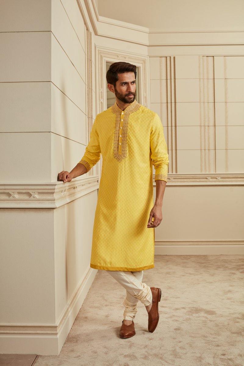 Yellow Textured Jacquard Kurta Set