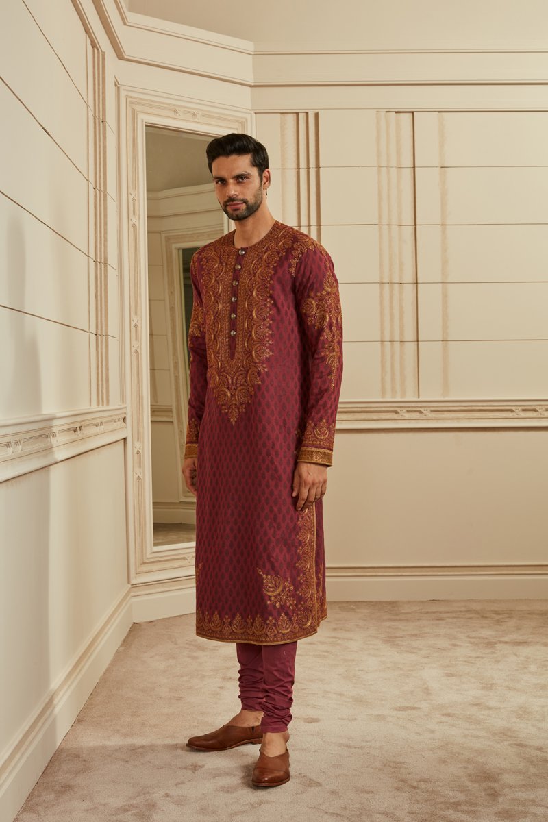 Wine Cotton Jacquard Embroidered Kurta Set