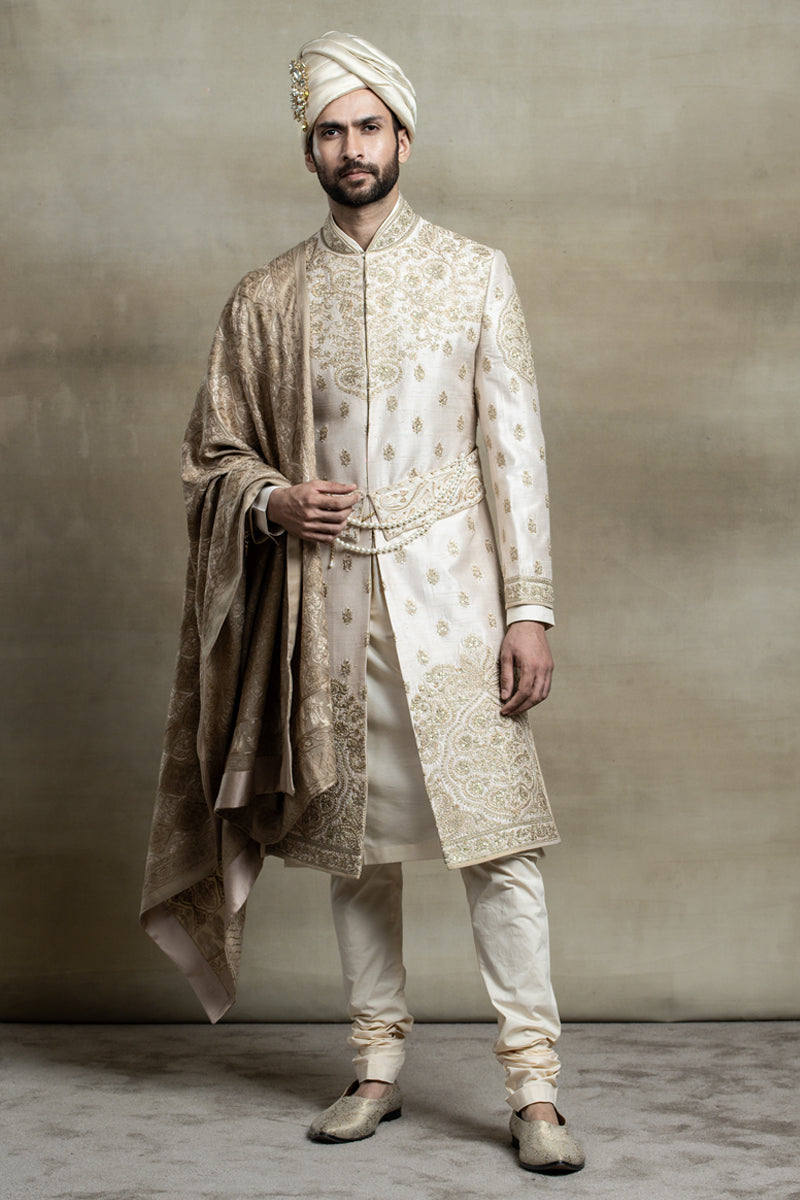 Raw Silk Sherwani With Placement Embroidery