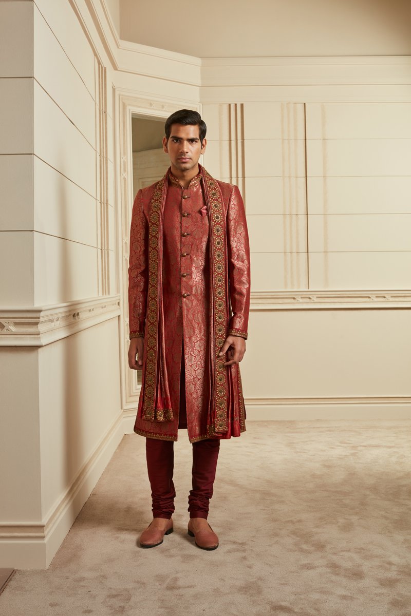 Red Silk Brocade Sherwani