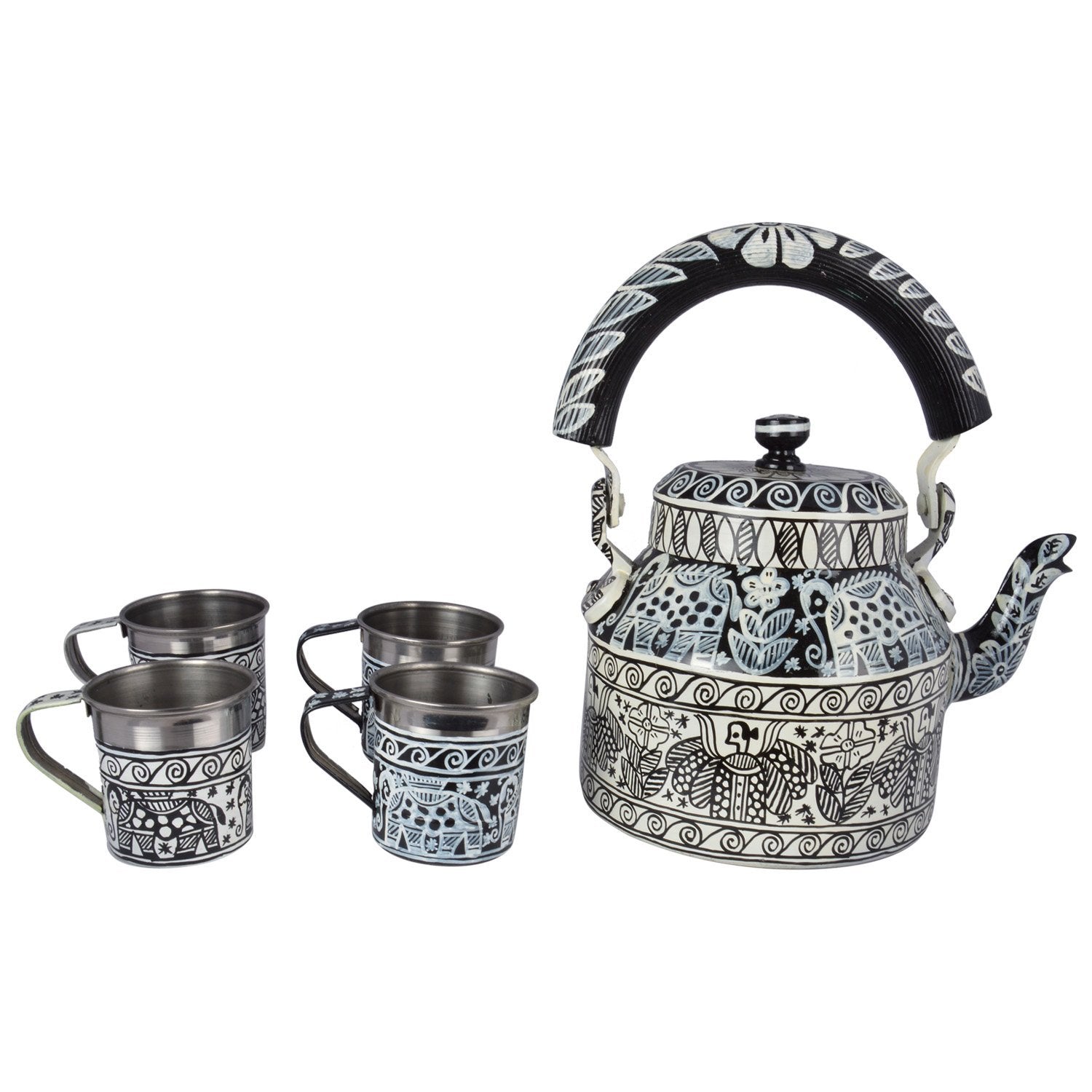 Hand Painted Tea Set : Black & White Madhubani