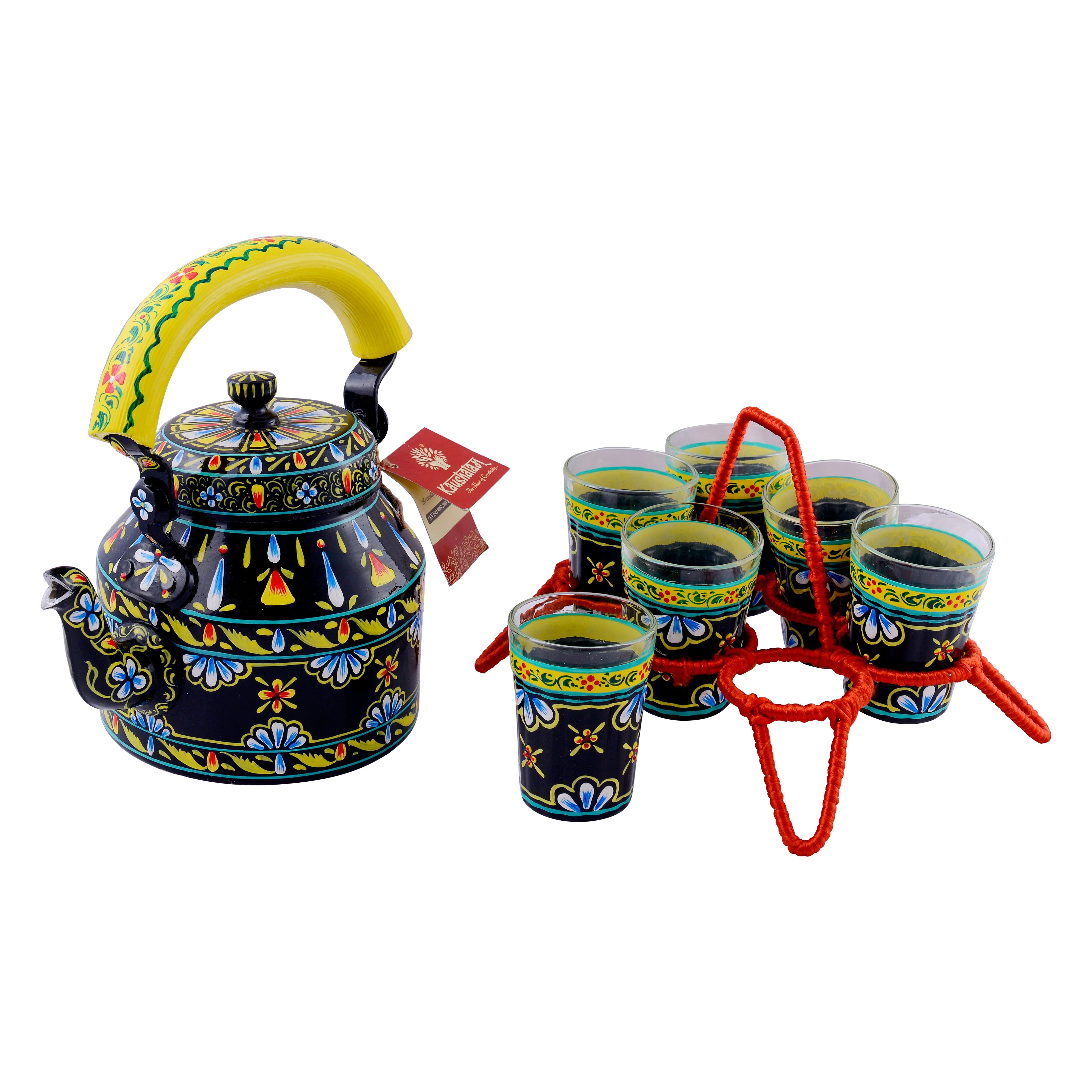 Hand Painted Tea Kettle with six glasses and stand: Black Beauty